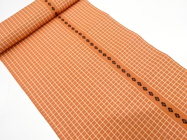 JAPANESE KIMONO / ANTIQUE BOLT FOR HASSUN OBI / WOVEN GRID & FLOWER